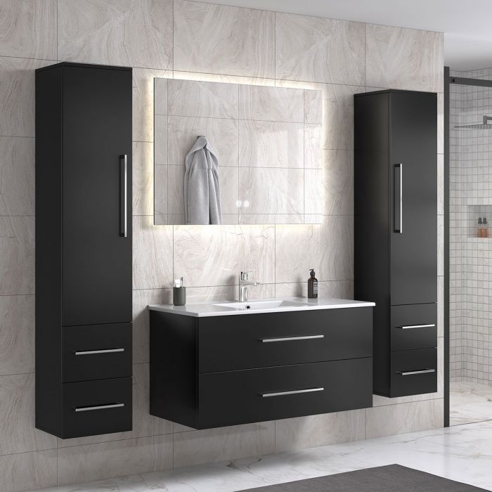 LindaDesign 100 cm svart matt badrumsmöbel med rektangulär spegel och 2 badrumsskåp