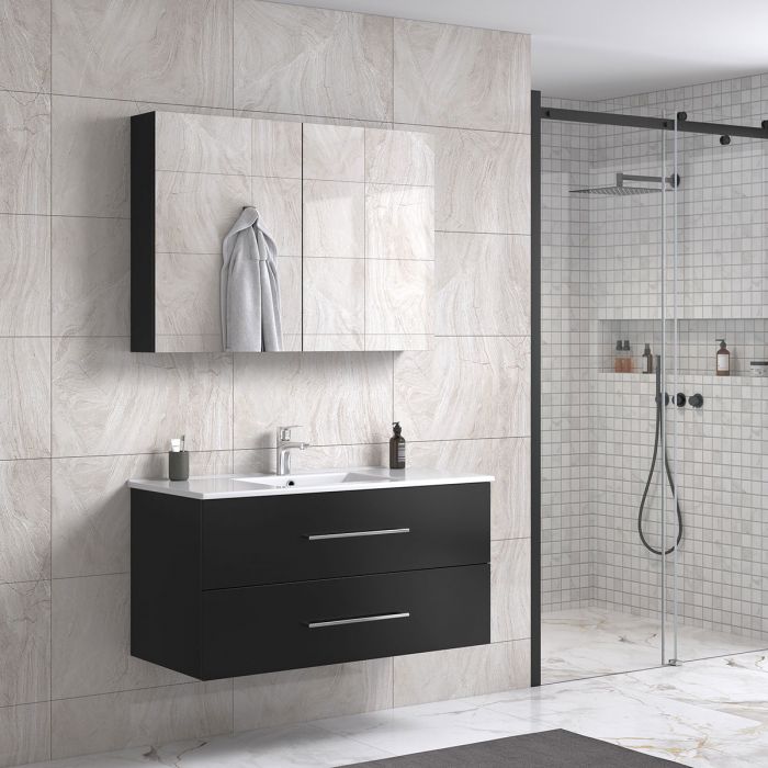 LindaDesign 100 cm svart matt badrumsmöbel m/spegelskåp