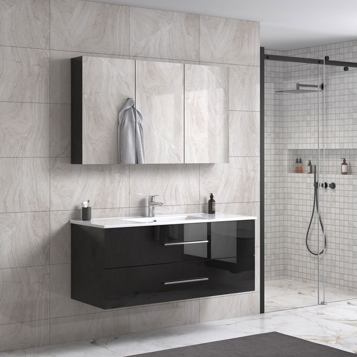 LindaDesign 120 cm svart högglans badrumsmöbel m/spegelskåp