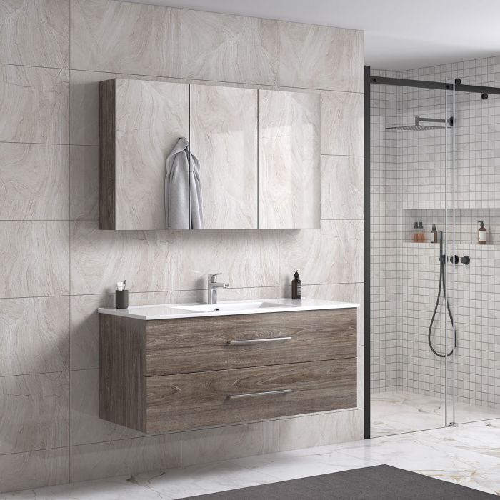 LindaDesign 120 cm grå alm badrumsmöbel m/spegelskåp
