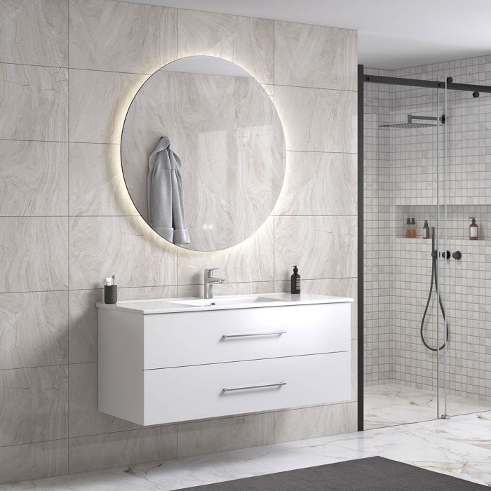 LindaDesign 120 cm badrumsmöbel single m/vit handfat och rund spegel