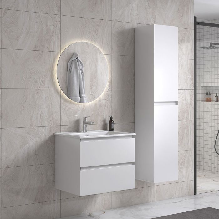 NoraDesign 60 cm vit matt badrumsmöbel med rund spegel och 1 badrumsskåp