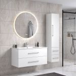LindaDesign 100 cm vit matt badrumsmöbel med rund spegel och 1 badrumsskåp