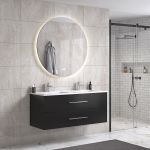 LindaDesign 120 cm badrumsmöbel dubbel m/vit handfat och rund spegel