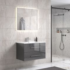 LindaDesign 80 cm grå högglans badrumsmöbel m/vit handfat och rektangulär spegel