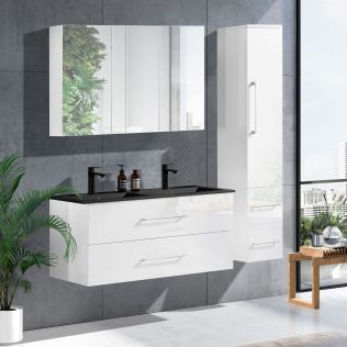 LindaDesign 120 cm badrumsmöbel dubbel i vit högglans m/svart handfat