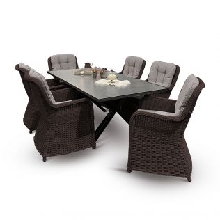 Skjærgården Living matgrupp 210 cm med 6 stolar i chockladbrun rotting och bord i antracit aluminium