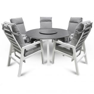Jamaica rund matgrupp m. stort bord ø135 cm och 5 reclinerstolar i vit aluminium