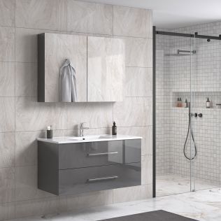 LindaDesign 100 cm grå högglans badrumsmöbel m/spegelskåp