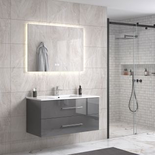 LindaDesign 100 cm grå högglans badrumsmöbel m/vit handfat och rektangulär spegel