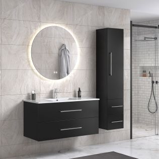 LindaDesign 100 cm svart matt badrumsmöbel med rund spegel och 1 badrumsskåp