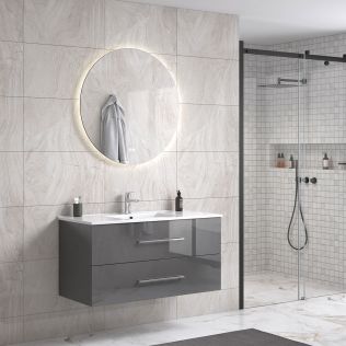 LindaDesign 100 cm grå högglans badrumsmöbel m/vit handfat och rund spegel