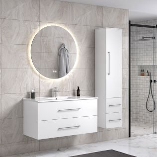 LindaDesign 100 cm vit matt badrumsmöbel med rund spegel och 1 badrumsskåp