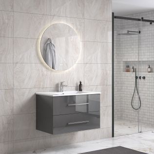 LindaDesign 80 cm grå högglans badrumsmöbel m/vit handfat och rund spegel