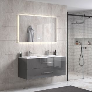 LindaDesign 120 cm grå högglans badrumsmöbel dubbel m/vit handfat och rektangulär spegel