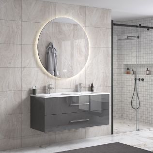 LindaDesign 120 cm grå högglans badrumsmöbel dubbel m/vit handfat och rund spegel