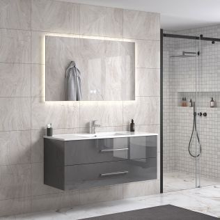 LindaDesign 120 cm grå högglans badrumsmöbel single m/vit handfat och rektangulär spegel