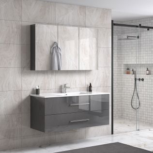 LindaDesign 120 cm grå högglans badrumsmöbel m/spegelskåp