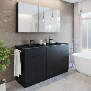 Moderna 2, 150 cm badrumsmöbel svart matt m/skåpdörrar och vit handfat