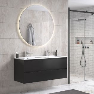 NoraDesign 120 cm badrumsmöbel dubbel m/vit handfat och rund spegel