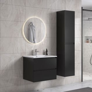 NoraDesign 60 cm svart matt badrumsmöbel med rund spegel och 1 badrumsskåp
