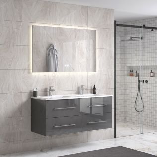 OliviaDesign 120 cm grå högglans badrumsmöbel dubbel m/vit handfat och rektangulär spegel