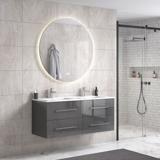 OliviaDesign 120 cm grå högglans badrumsmöbel dubbel m/vit handfat och rund spegel
