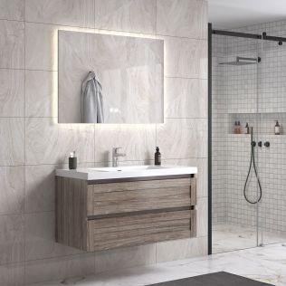 Victoria 100 cm grå alm badrumsmöbel m/vit handfat och rektangulär spegel
