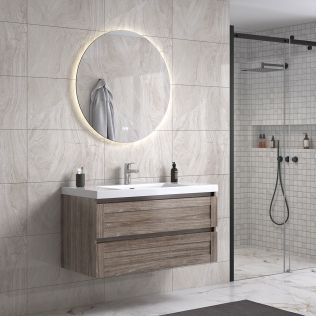 Victoria 100 cm grå alm badrumsmöbel m/vit handfat och rund spegel