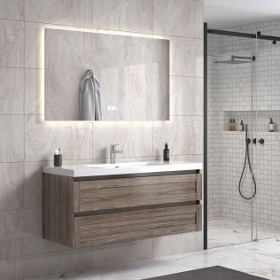 Victoria 120 cm grå alm badrumsmöbel m/vit handfat och rektangulär spegel