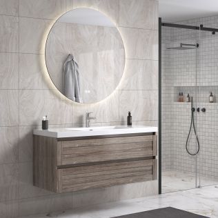 Victoria 120 cm grå alm badrumsmöbel m/vit handfat och rund spegel