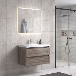 Victoria 80 cm grå alm badrumsmöbel m/vit handfat och rektangulär spegel