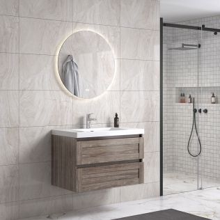 Victoria 80 cm grå alm badrumsmöbel m/vit handfat och rund spegel